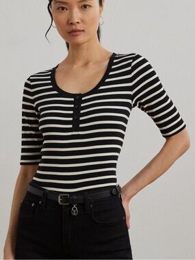 Lauren Ralph Lauren Black & Cream Striped Henley Cotton Top Logo Size L Preppy